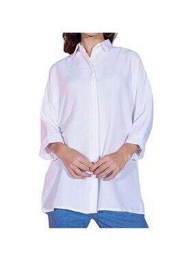 ZARA Women's Button Down White Shirt Classic 3/4 Sleeve Collared Tops Office XL